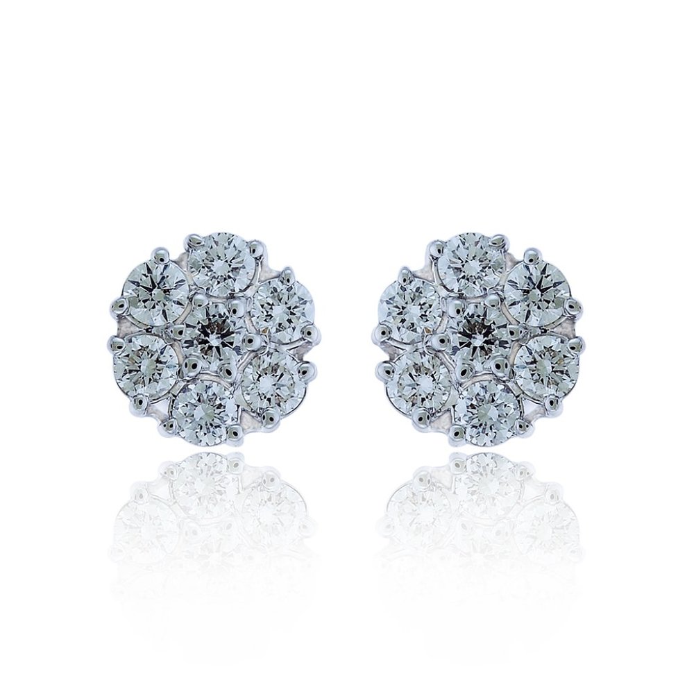 1.00 Carat Round Cut Diamond Cluster Stud Earrings 14K White Gold